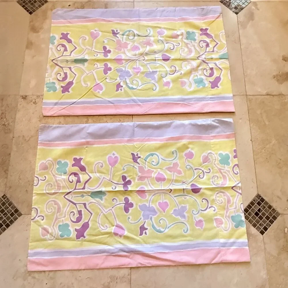 x2 Mary McFadden Martex Pastel Standard Pillowcase Abstract Floral Teal Ylw Pink